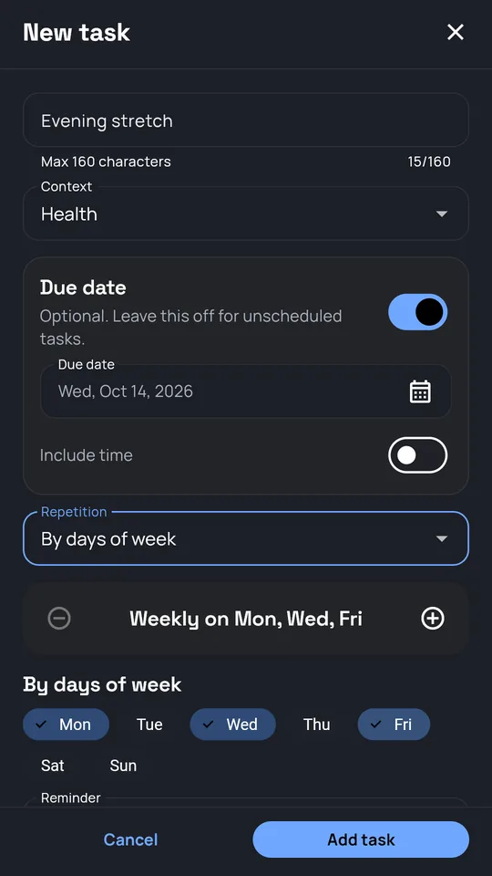 New task form repeating weekly on Monday, Wednesday, and Friday